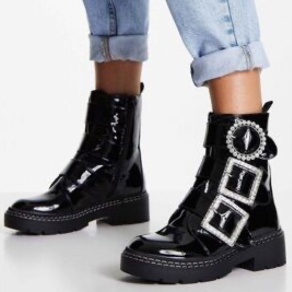 River Island Triple Rhinestone Faux Leather Buckle Boots - Picture 1 of 16